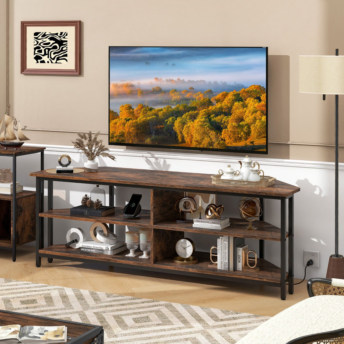 3-Tier Corner TV Stand for TVs up to 65 Inches with Charging Station- Rustic Brown view 2
