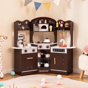 Corner Wooden Play Kitchen with Coffee Machine and Slide for Kids-Brown view 2