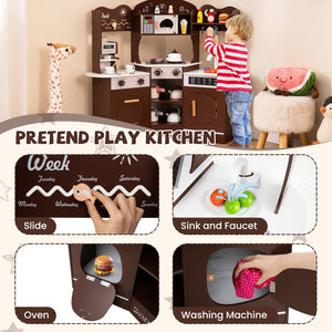 Corner Wooden Play Kitchen with Coffee Machine and Slide for Kids-Brown view 9