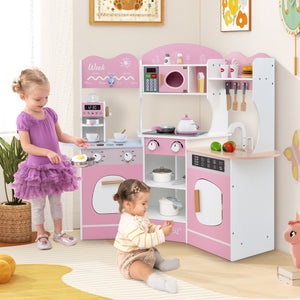 Corner Wooden Play Kitchen with Coffee Machine and Slide for Kids-Pink view 3