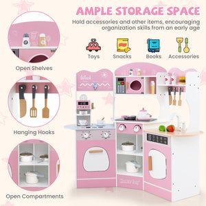 Corner Wooden Play Kitchen with Coffee Machine and Slide for Kids-Pink view 8