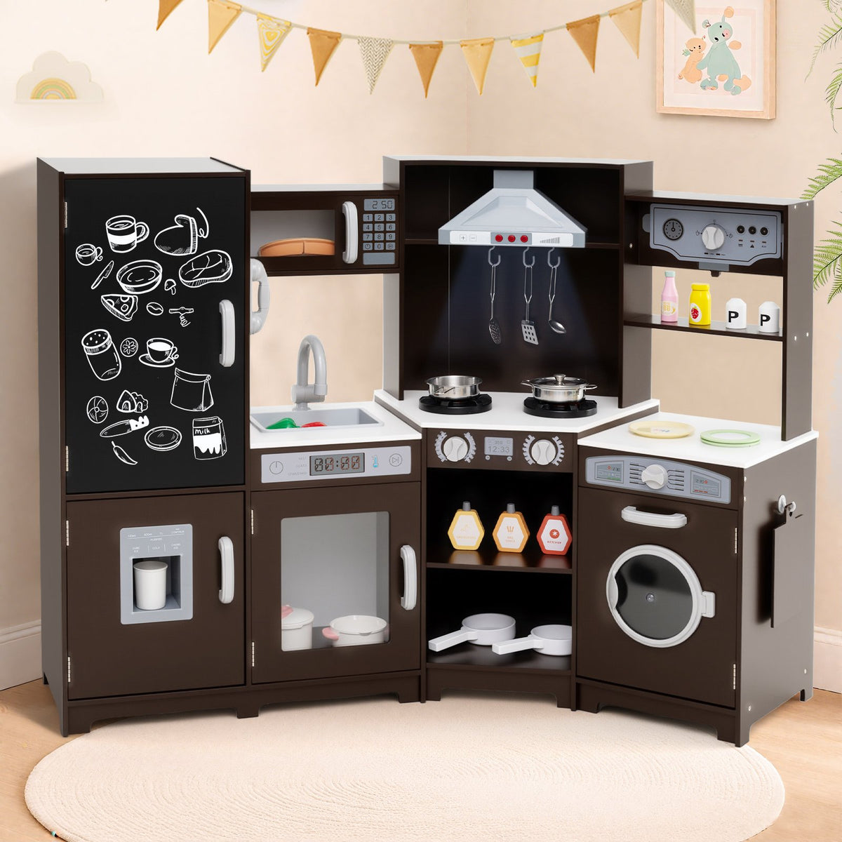 Corner Wooden Play Kitchen with Lights and Sounds Large Pretend Play Kitchen Set-Espresso view 2