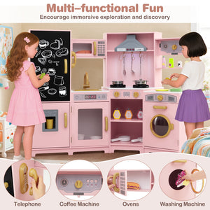 Corner Wooden Play Kitchen with Lights and Sounds Large Pretend Play Kitchen Set-Pink view 5