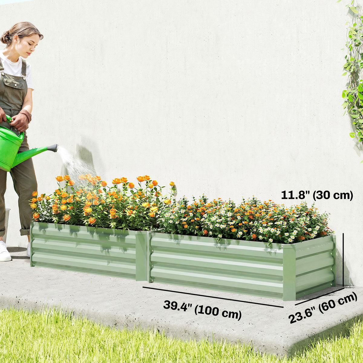 Set of 2 Galvanized Raised Beds for Garden, Outdoor Planter Box for Flowers, Herbs and Vegetables, Light Green