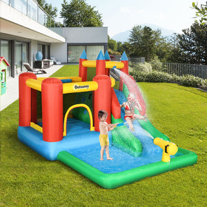 Kids Inflatable 6 in 1 Bouncy Castle House Trampoline Slide Water Pool Gun Climbing Wall Basket with Inflator for Kids Age 3-12 Summer 11.5' x 8.8' x 7' Multi-color