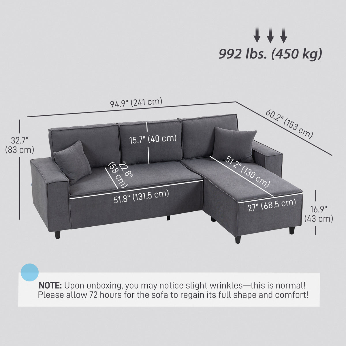 Corner Sofa with Changeable Chaise, Corduroy L-Shaped Sectional Sofa with Pocket Spring, 2 Pillows – view 2