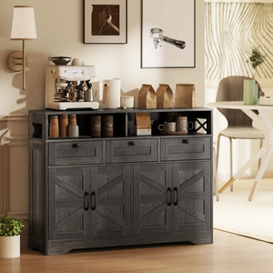 Sideboard, Buffet Cabinet with 4 Barn Doors and 3 Drawers, Coffee Bar Cabinet with Adjustable Shelves, Black – view 14
