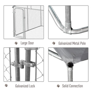Dog Kennel Outdoor Run Fence with Roof, Steel Lock, Mesh Sidewalls for Backyard & Patio, 9.8' x 9.8' x 7.7'