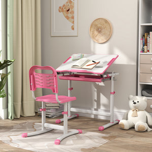 Qaba Height Adjustable Study Table and Chair Set with Drawer, Pen Slot, Tiltable Desktop, Hook