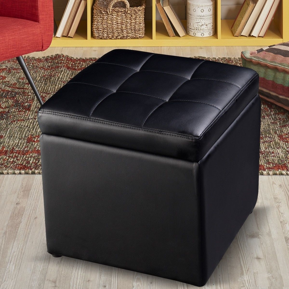 Foldable Cube Ottoman Pouffe Storage Seat-Black view 2