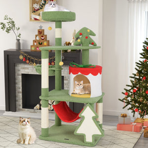 Cute Christmas Cat Tree with Sisal Scratching Posts and Gift Box Shaped Condo-Green view 3