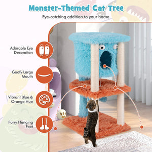 Cute Monster-Themed Cat Tower with Private Condo and Soft Long Plush-Blue view 6