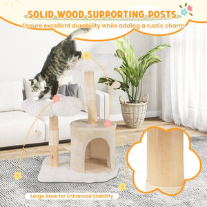 Cute Solid Wood Cat Tree Natural Branch Modern Flower Cat Tower with Sisal Scratching Posts-Beige view 8