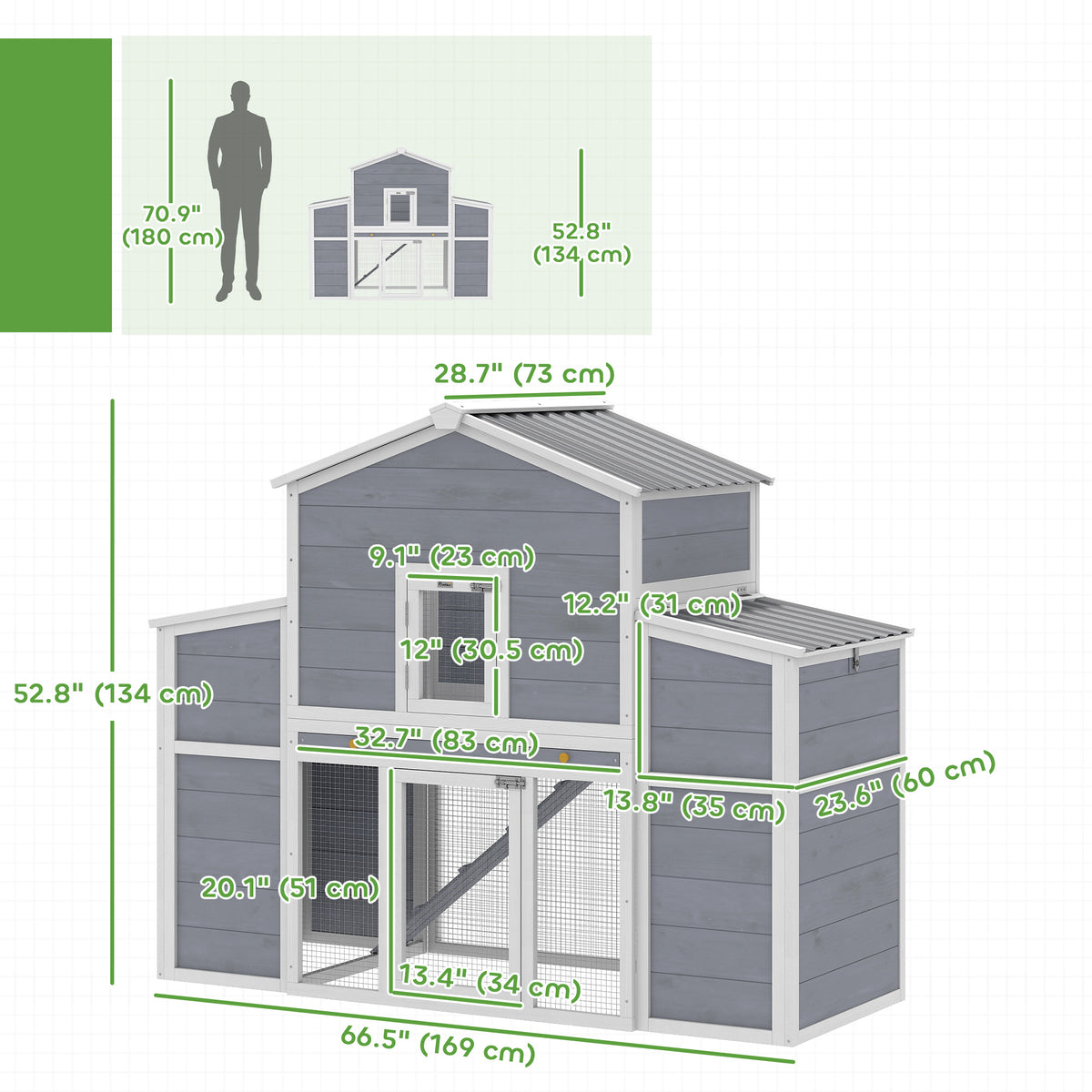 66.5" Large Chicken Coop, Wooden Chicken House with 2 Nesting Boxes, Sliding Tray & Ramp, for Outdoor Backyard Farm