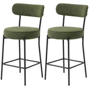 Set of 2 Barstools, Upholstered Corduroy Bar Stools with Backrest, Footrest for Kitchen Island, Dining Room, Green