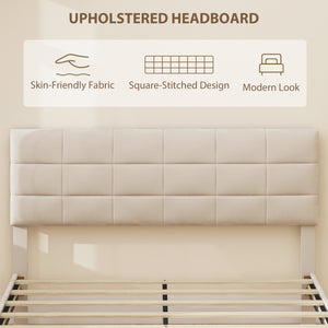 Queen Size Bed Frame with Upholstered Headboard, Modern Platform Bed Frame with Wood Slats, 1100 lbs Capacity, Cream
