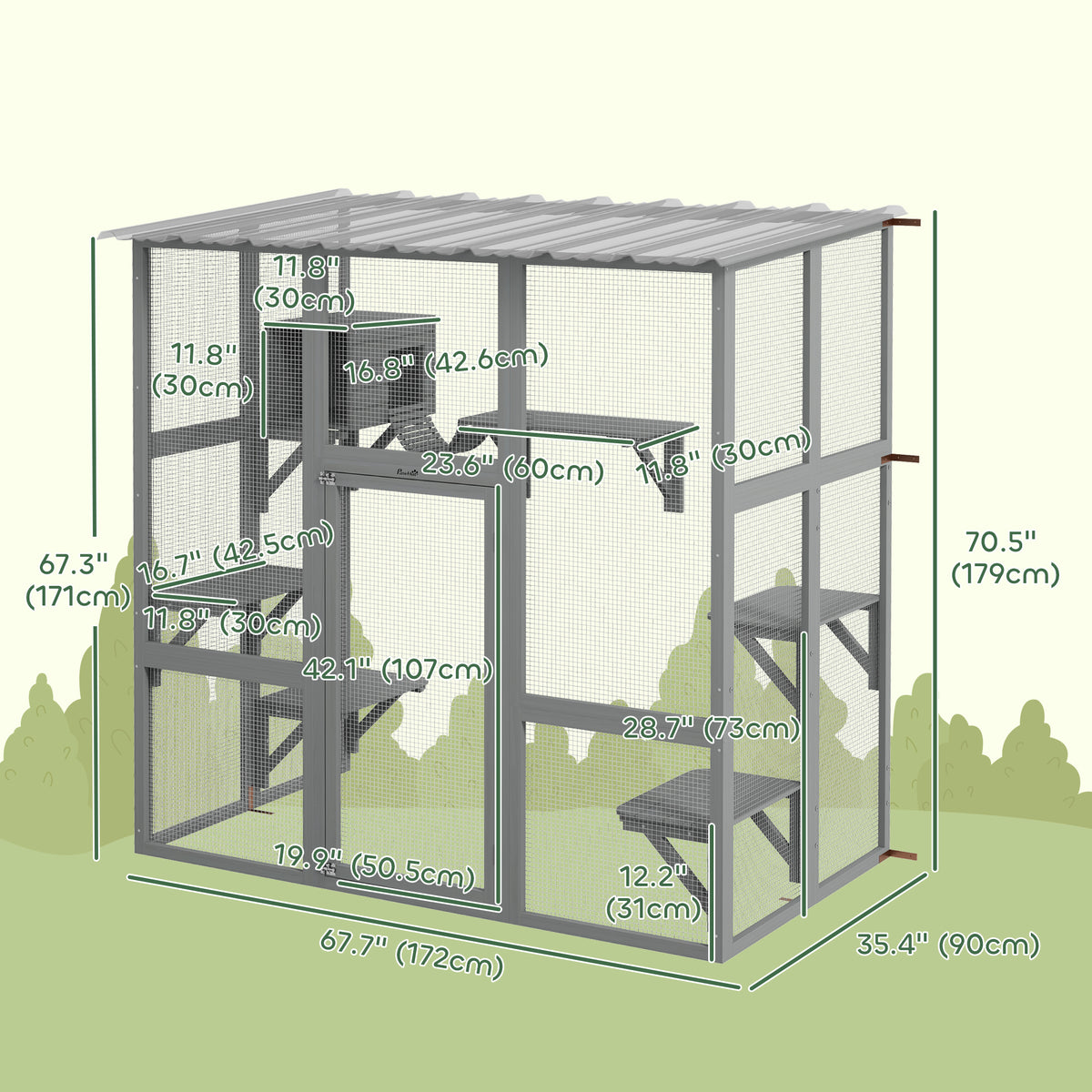 Large Outdoor Catio with Weatherproof Roof, Bridge, Resting Box, Platforms, Grey – view 2