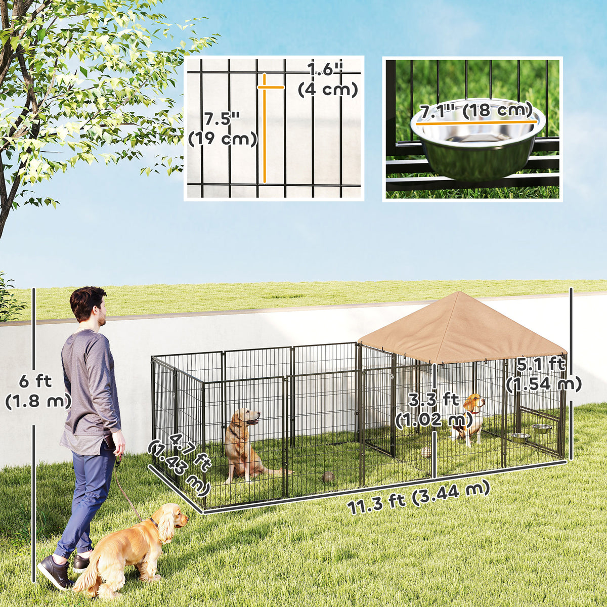 Outdoor Dog Kennel with Rotating and Adjustable Height Bowls, Waterproof UV-Resistant Cover, 11.3' x 4.7' x 5.1'