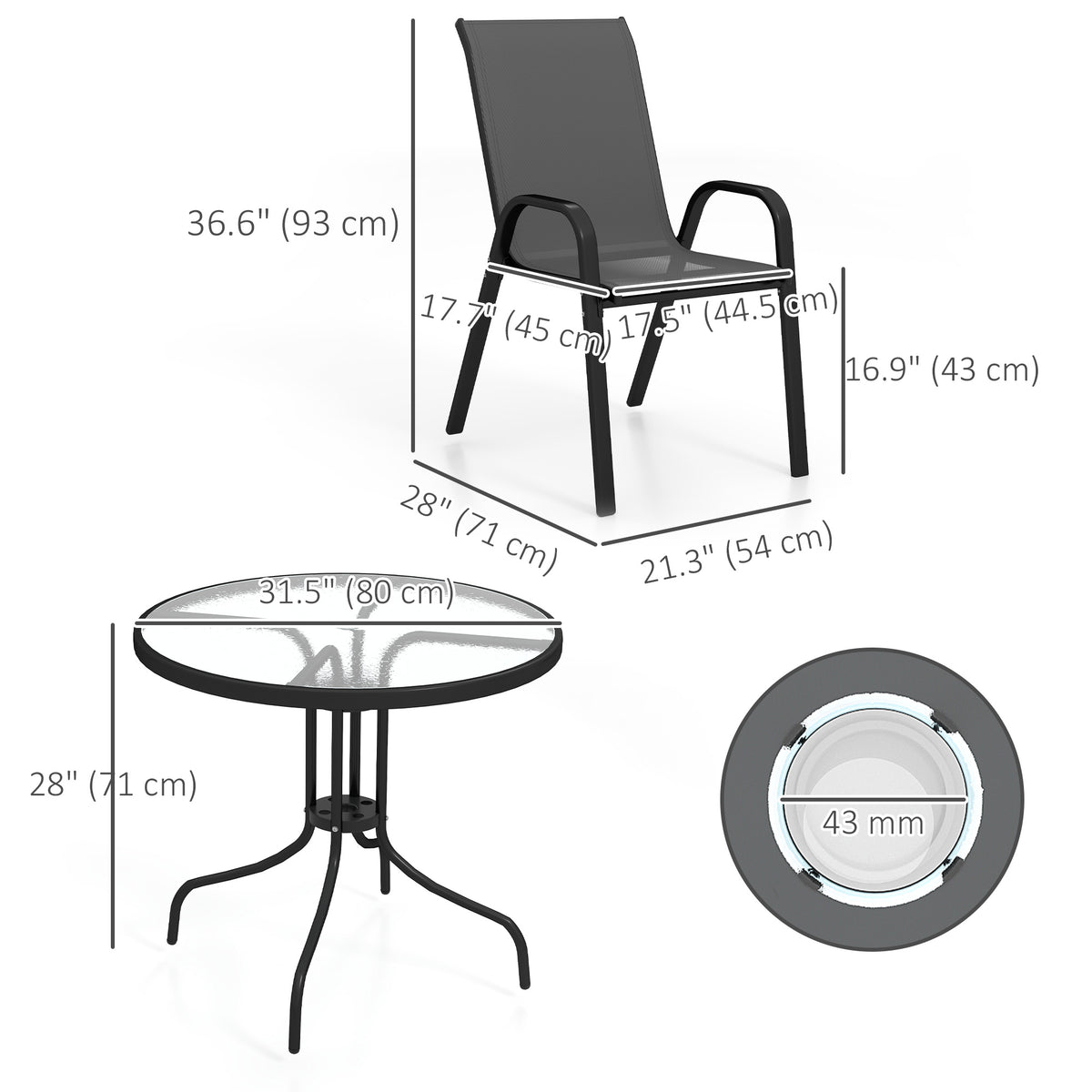 Five-Piece Steel Patio Set, with Glass-Top Table - Black – view 2