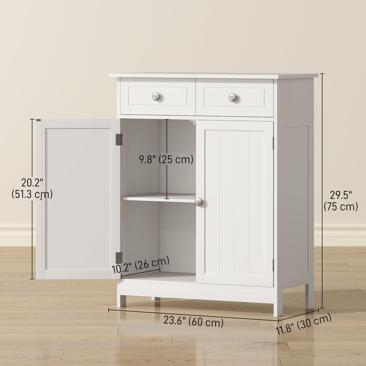 Freestanding Bathroom Floor Cabinet, Organizer Floor Tower with 2 Door, 2 Drawers, Adjustable Shelf, White