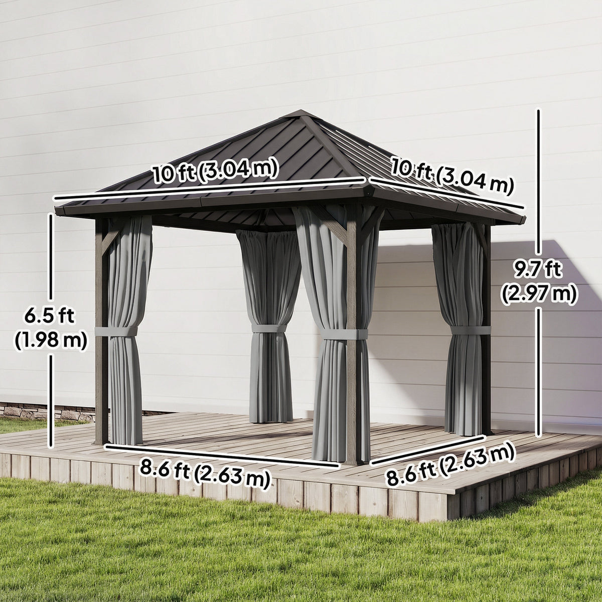 10' x 10' Hardtop Gazebo with Galvanized Steel Roof, Permanent Garden Gazebo with Netting and Curtains