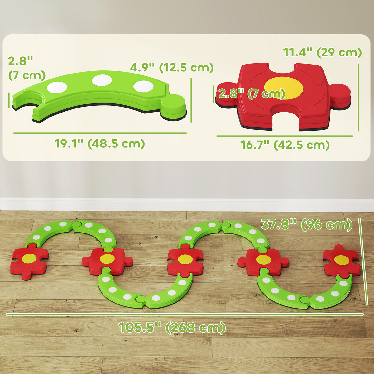 Qaba Kids Balance Beam Stepping Stones with Non-slip Surface for Kids 3-8, Build Coordination and Gross Motor Skills, Green