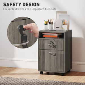 24" Filing Cabinet with Open Compartment, Lockable Drawer and Wheels, Home Office Storage Cabinet, Distressed Grey