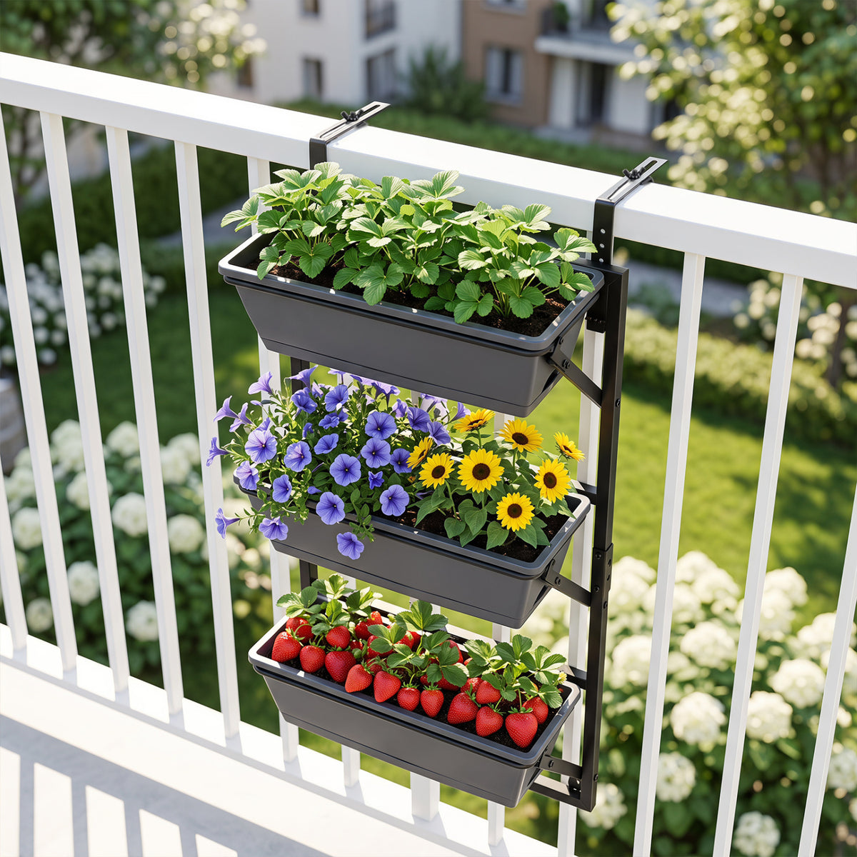 Deck Railing Planter Boxes with Adjustable Brackets & 3-Tier Design for Porch Patio-Black view 2