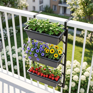 Deck Railing Planter Boxes with Adjustable Brackets & 3-Tier Design for Porch Patio-Black view 2