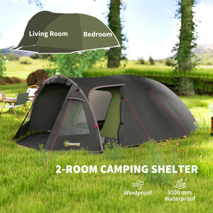 2-4 Man Camping Tent, 3000mm Waterproof Tunnel Tent with 2 Rooms, Sewn-in Groundsheet, 3 Doors and Hook