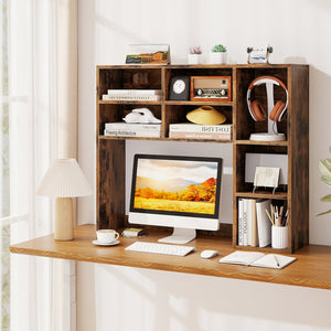 Desktop Bookshelf with 7 Open Cubbies and 3 Adjustable Shelves-Brown view 6