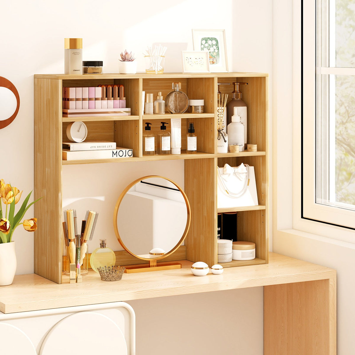 Desktop Bookshelf with 7 Open Cubbies and 3 Adjustable Shelves-Yellow view 2