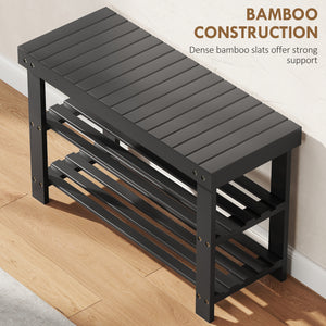 Bamboo Shoe Storage Bench, 3-Tier Entryway Bench with 2 Storage Shelves for Hallway, Holds 6 Pairs, Black – view 6
