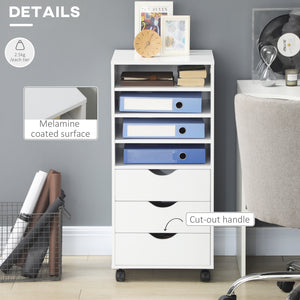 Vertical Filing Cabinet, Mobile File Cabinet on Wheels with 3 Drawers and 4 Open Shelves, Printer Stand with Lockable Casters for Home Office, White