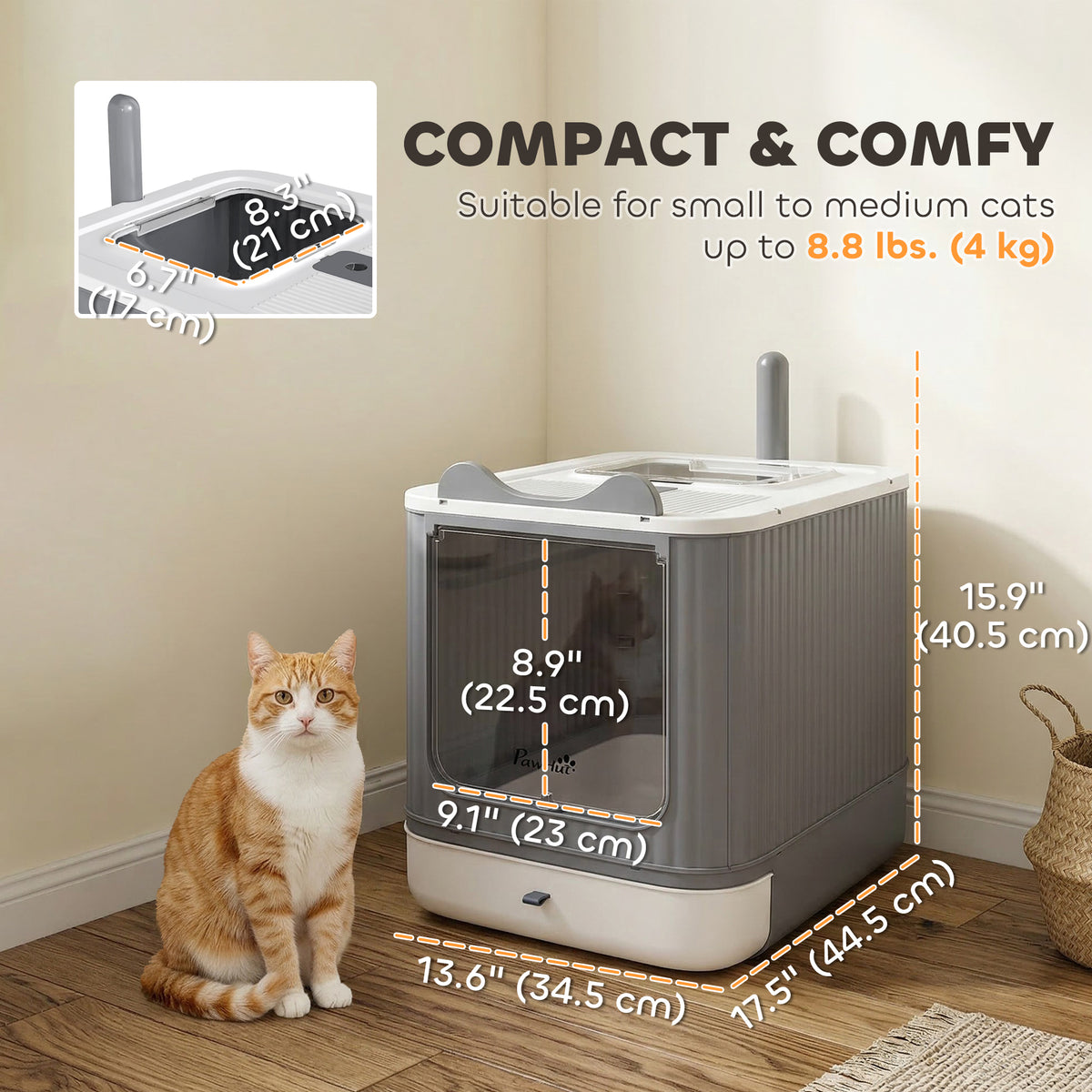 Litter Box with Lid, Enclosed Kitty Litter Box with Front-Entry, Top-Exit, Scoop, Deodorizer Bag for Medium Cats, White