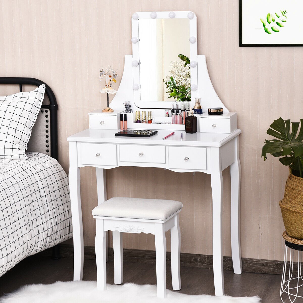 10 Dimmable Light Bulbs Vanity Dressing Table with 2 Dividers and Cushioned Stool-White view 2