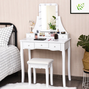 10 Dimmable Light Bulbs Vanity Dressing Table with 2 Dividers and Cushioned Stool-White view 2
