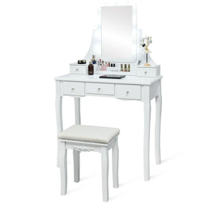10 Dimmable Light Bulbs Vanity Dressing Table with 2 Dividers and Cushioned Stool-White view 4