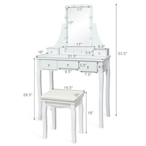10 Dimmable Light Bulbs Vanity Dressing Table with 2 Dividers and Cushioned Stool-White view 5