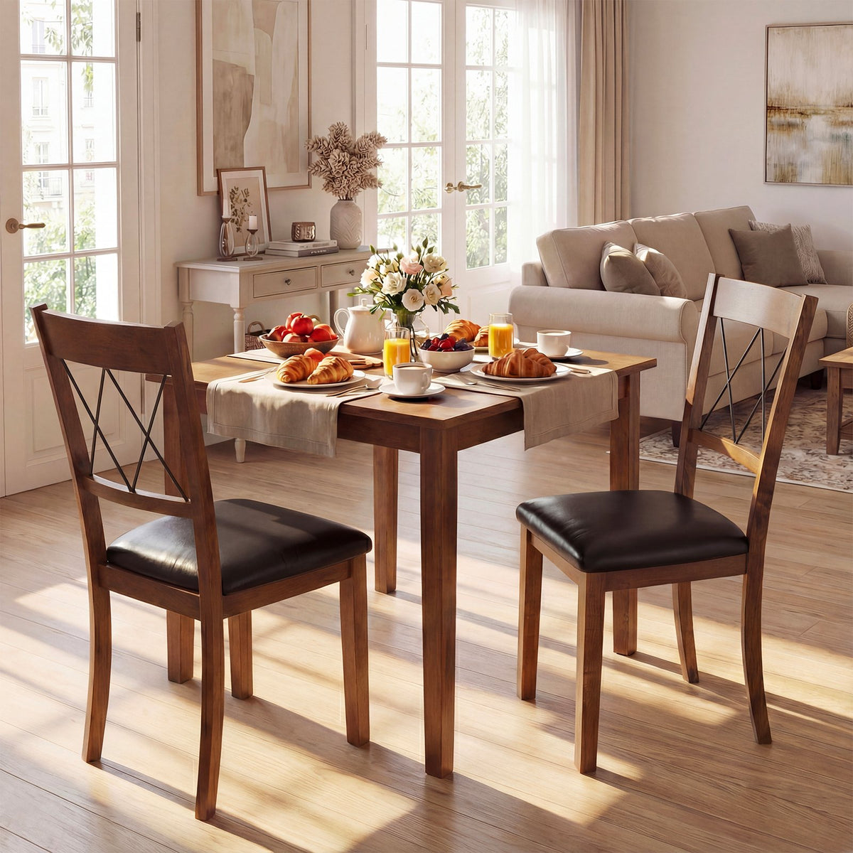 Dining Chair Set of 2 Fabric Upholstered Kitchen Armless Chairs with Rubber Wood Frame-Walnut view 2