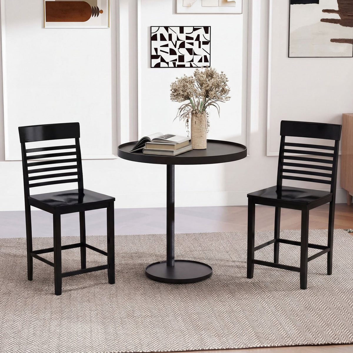 Dining Chair Set of 2 with Footrests and Solid Wood Frame-Black view 2