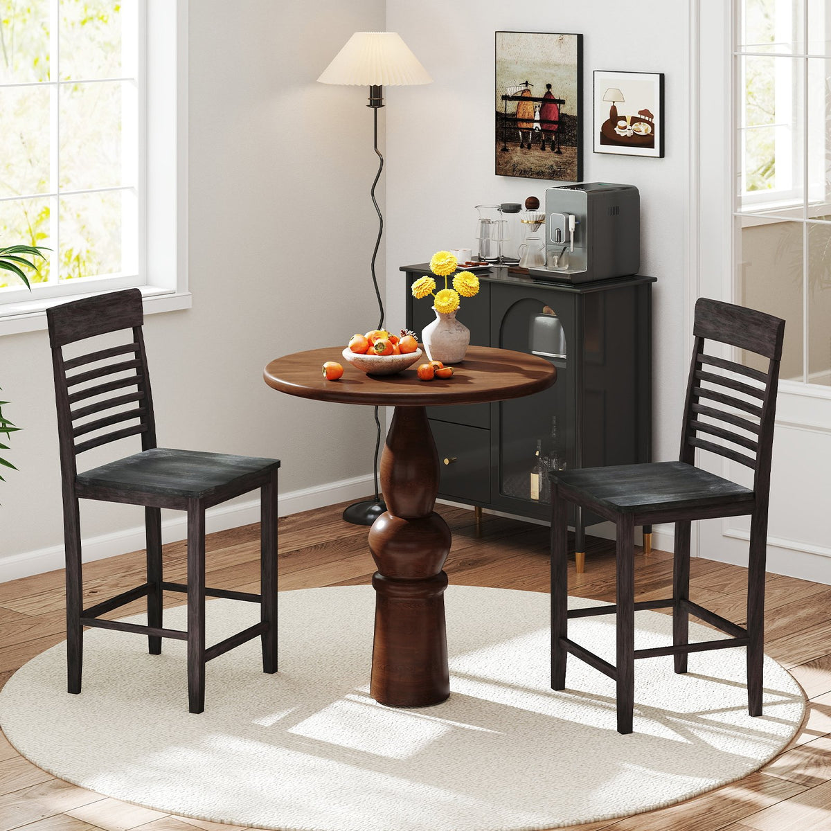 Dining Chair Set of 2 with Footrests and Solid Wood Frame-Gray view 2