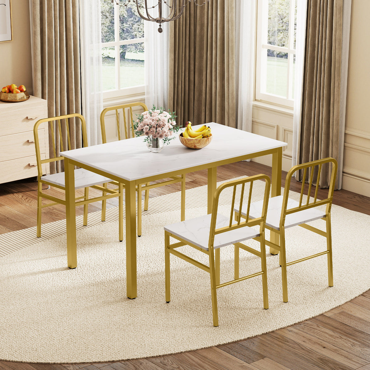 Dining Chairs Set of 4 with Slatted Backrest & Metal Frame and Wooden Seat-White view 2