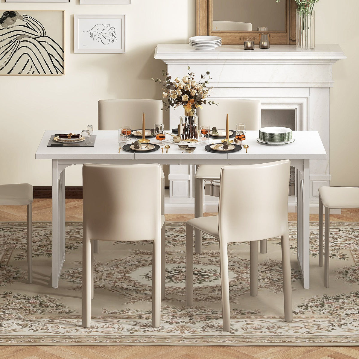 Dining Table for 6-8 People 63 Inch Rectangular Farmhouse Kitchen Table-White view 2