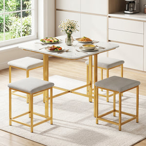 Dining Table Set with 4 Upholstered Stools and Metal Frame-White & Golden view 2