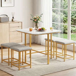 Dining Table Set with 4 Upholstered Stools and Metal Frame-White & Golden view 3