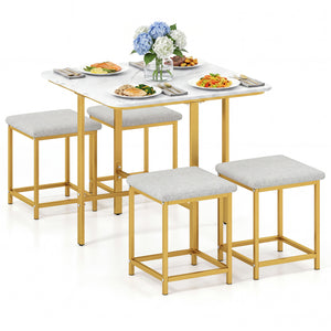 Dining Table Set with 4 Upholstered Stools and Metal Frame-White & Golden view 4