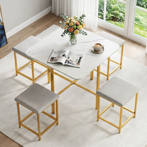 Dining Table Set with 4 Upholstered Stools and Metal Frame-White & Golden view 6