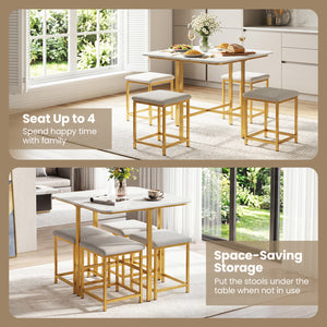 Dining Table Set with 4 Upholstered Stools and Metal Frame-White & Golden view 7