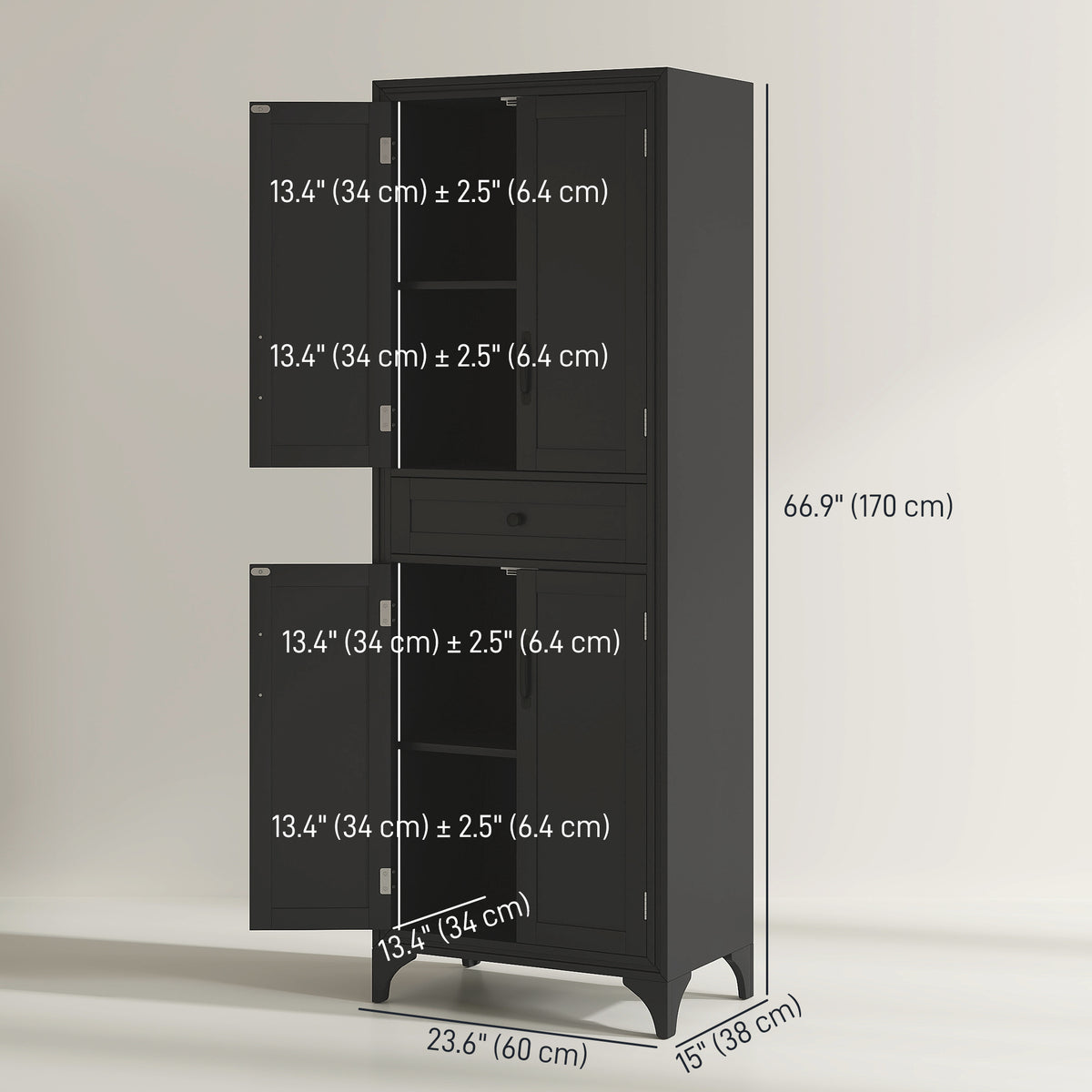 Freestanding Storage Cabinet, Kitchen Pantry Cabinet with 2 Shelves, 4 Doors for Dining Room, Black – view 2